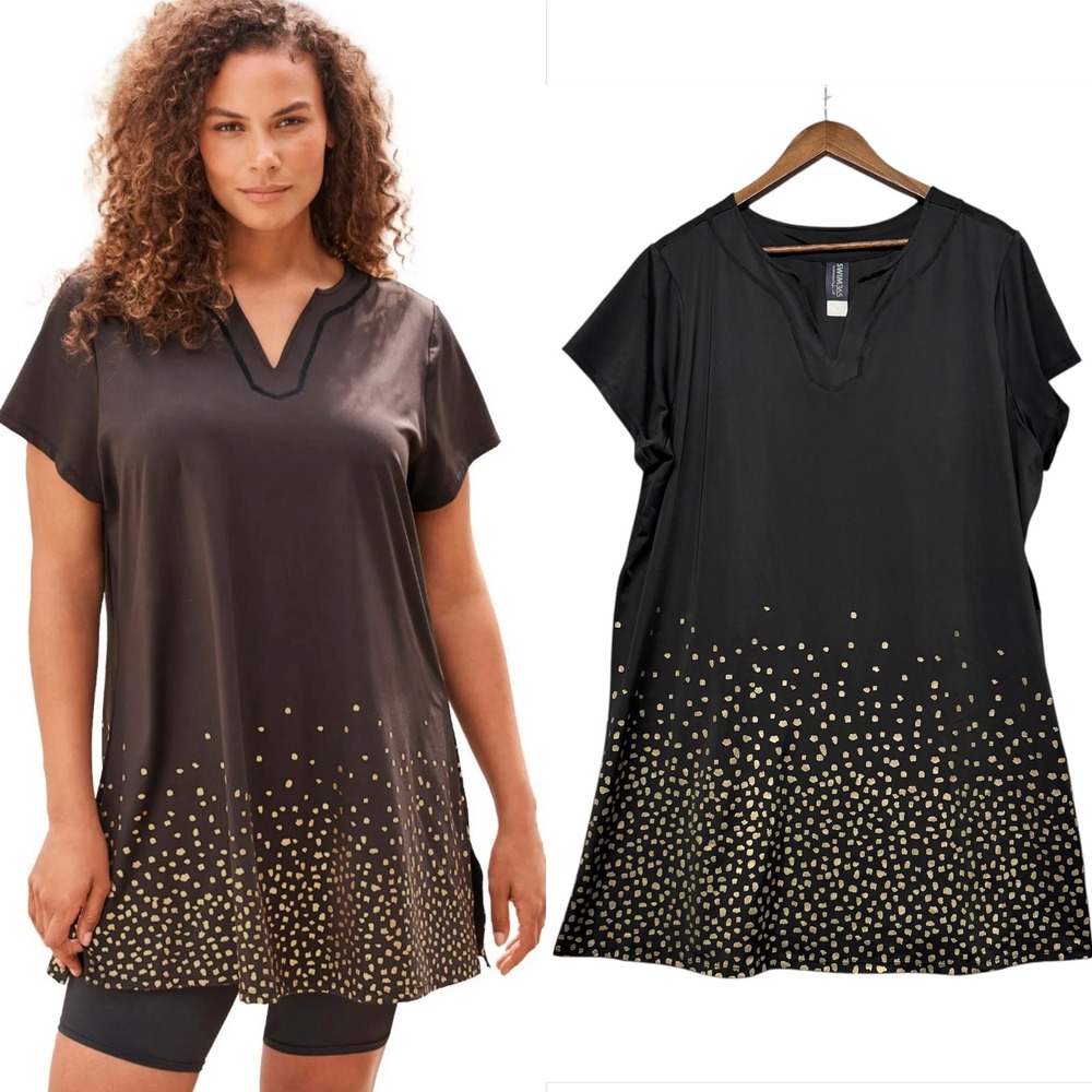 Swim365 Tunic Swimwear Dress Women 22 Black Gold Ombre Dot V-Neck Short‎ Sleeve